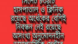 সিলেট ৮৩৯টি হাসপাতাল ও ক্লিনিক রয়েছে  অর্ধেকের বেশিই নিবন্ধন নেই রয়েছে অসংখ্য অনুমোদনহীন ডায়াগনস্টিক সেন্টার